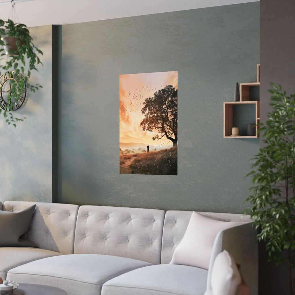 Sunset Solitude Satin Poster — Golden Sunset Tree Landscape Wall Art Printify