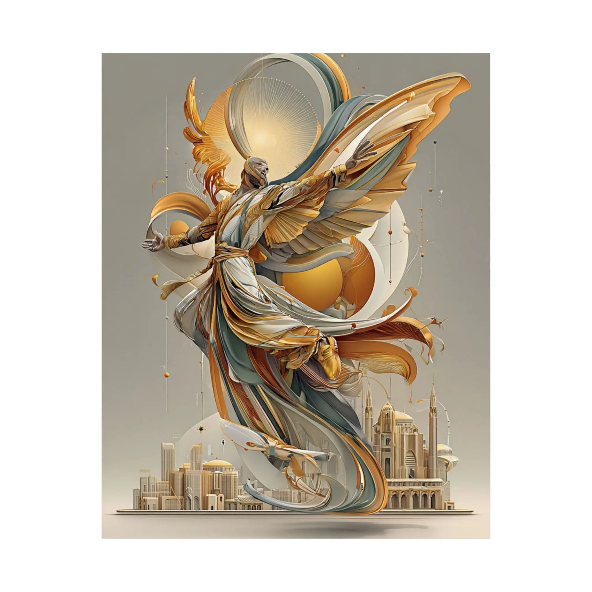 Satin Art Poster — Golden Angel Cityscape (210gsm) Printify