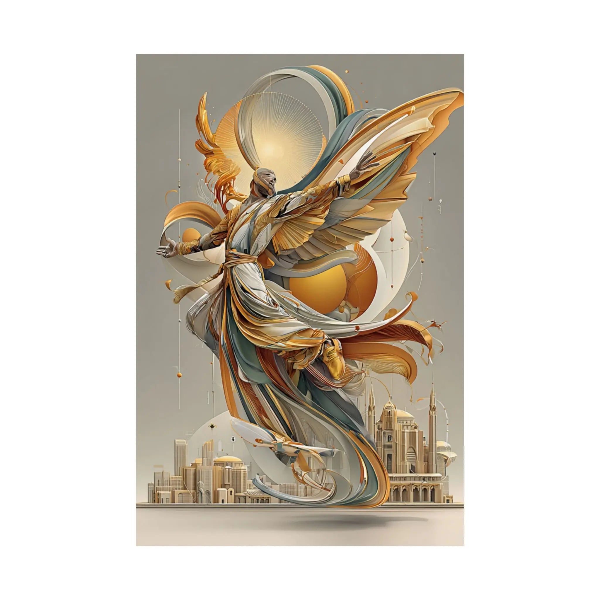 Satin Art Poster — Golden Angel Cityscape (210gsm) Printify