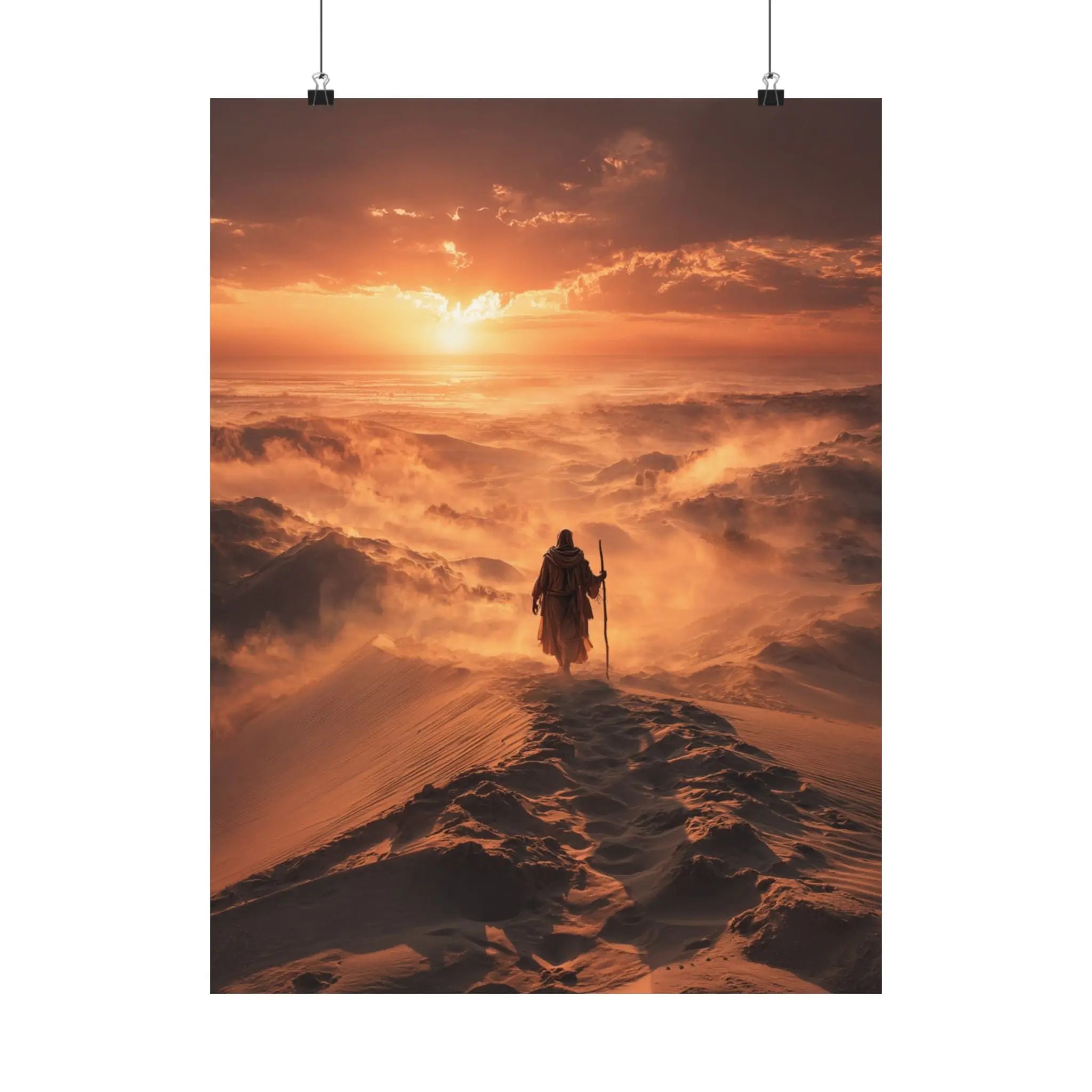 Desert Wanderer Satin Poster — Dramatic Sunset Silhouette Wall Art Printify