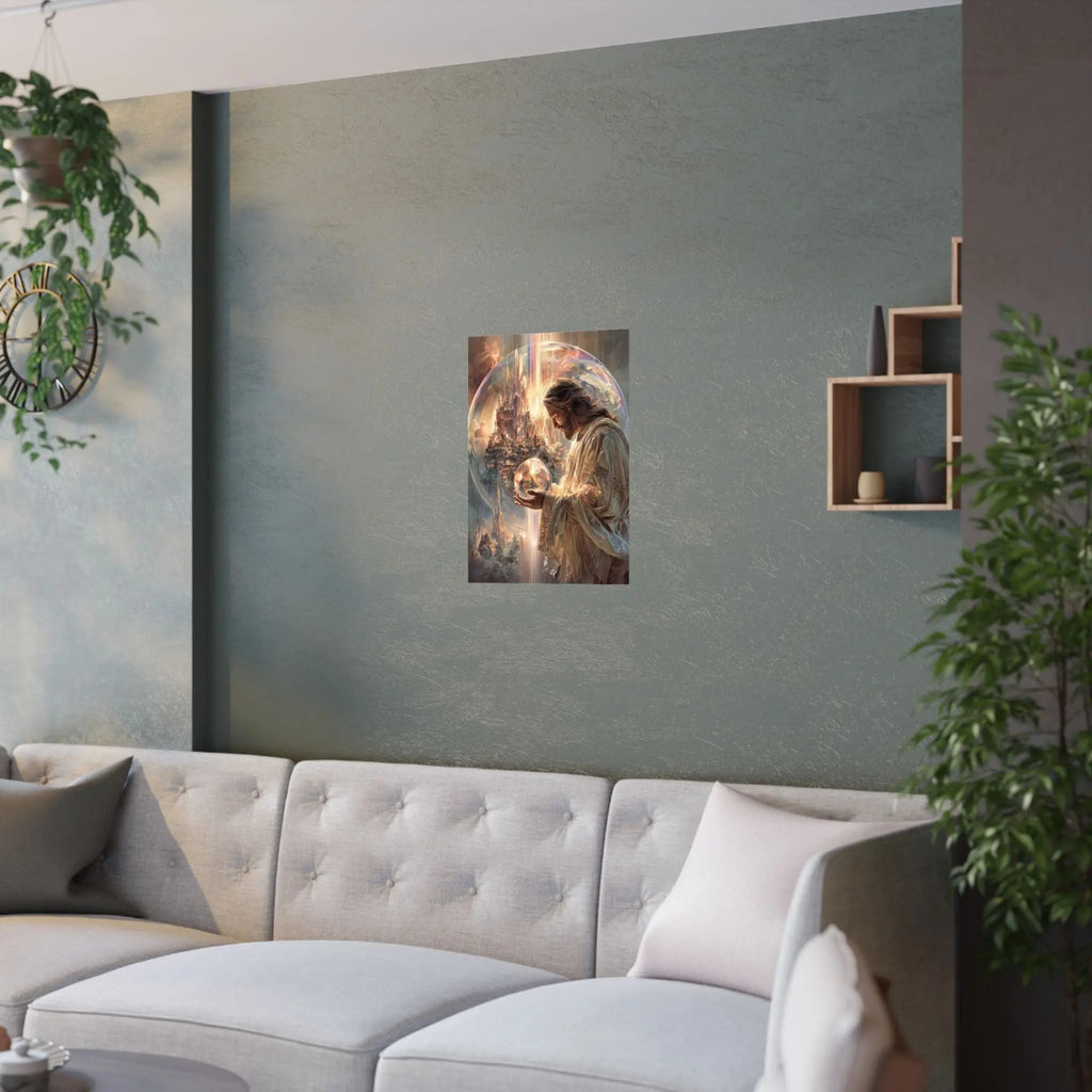 Satin Poster — Jesus The Spiritual Guardian Holding Lighted Globe (210gsm) Printify