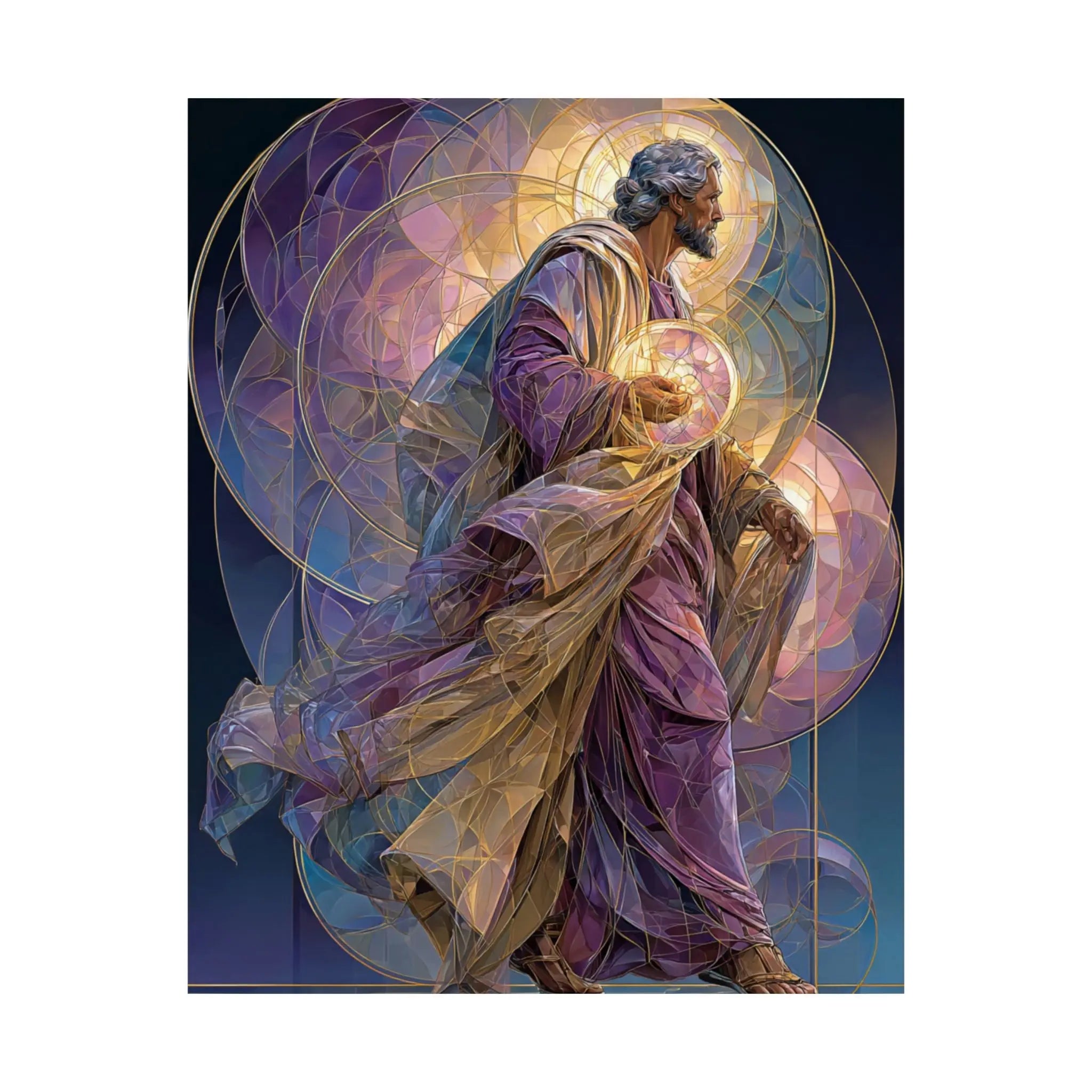 Religious Art Poster — Stained-Glass Saint Holding Orb Satin Print Printify