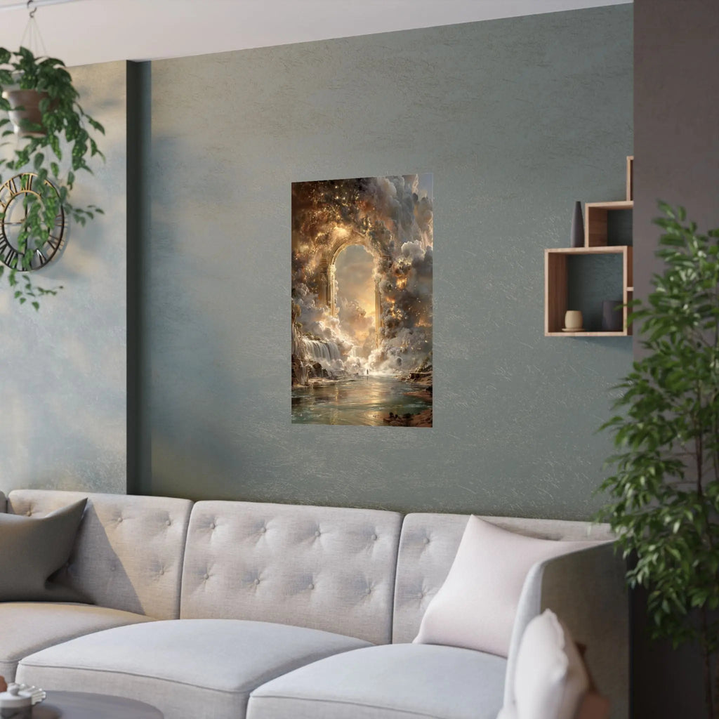 Heavenly Arch Satin Poster — Ethereal Golden Clouds & Waterfall Wall Art Printify