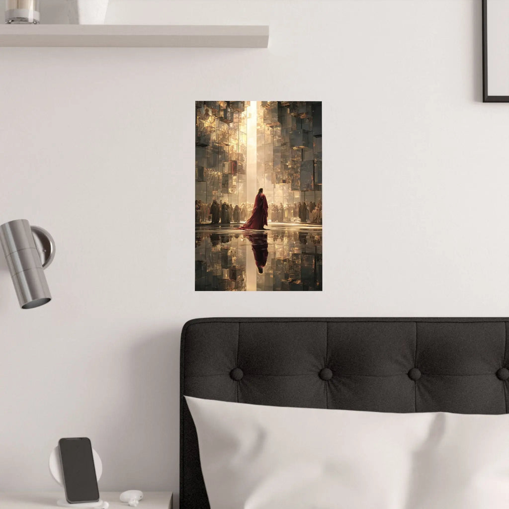 Satin Poster — Jesus in Regal Red Cloak in Golden Reflective Cityscape Printify