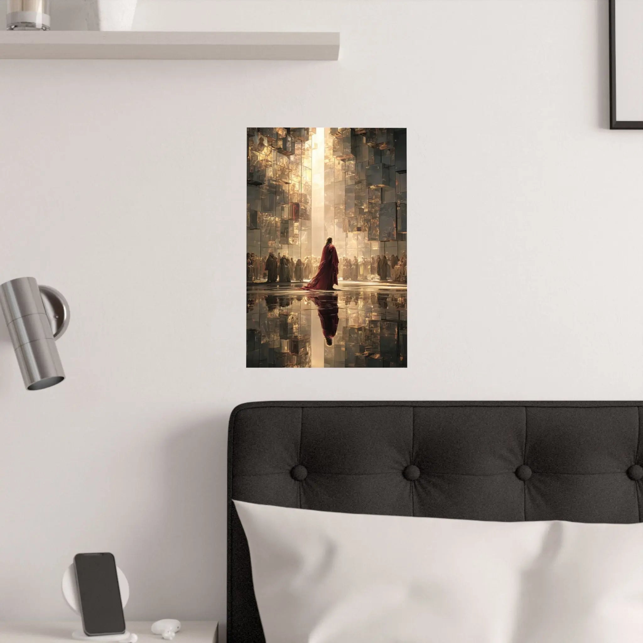 Satin Poster — Jesus in Regal Red Cloak in Golden Reflective Cityscape Printify