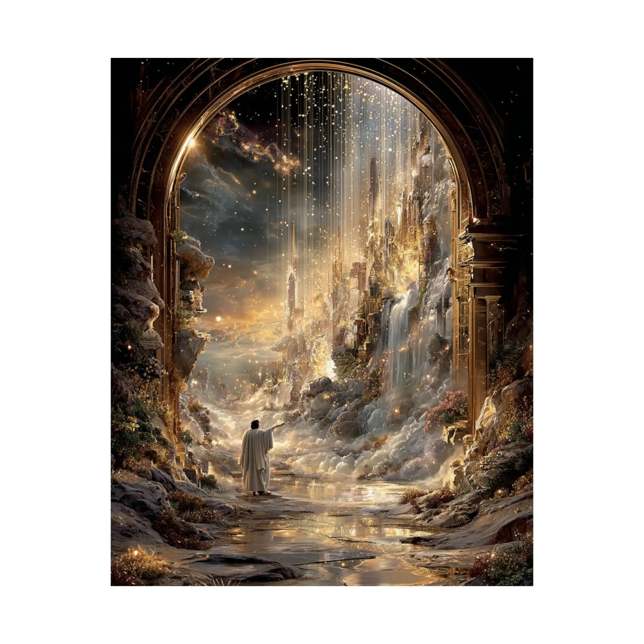 Celestial Gateway Satin Poster — Ethereal Golden Landscape Wall Art Printify