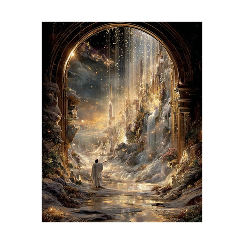 Celestial Gateway Satin Poster — Ethereal Golden Landscape Wall Art Printify