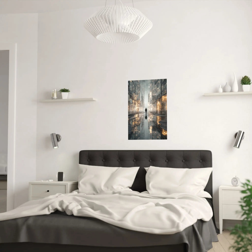 Futuristic Cityscape Satin Poster — Reflective Urban Night Art Print Printify