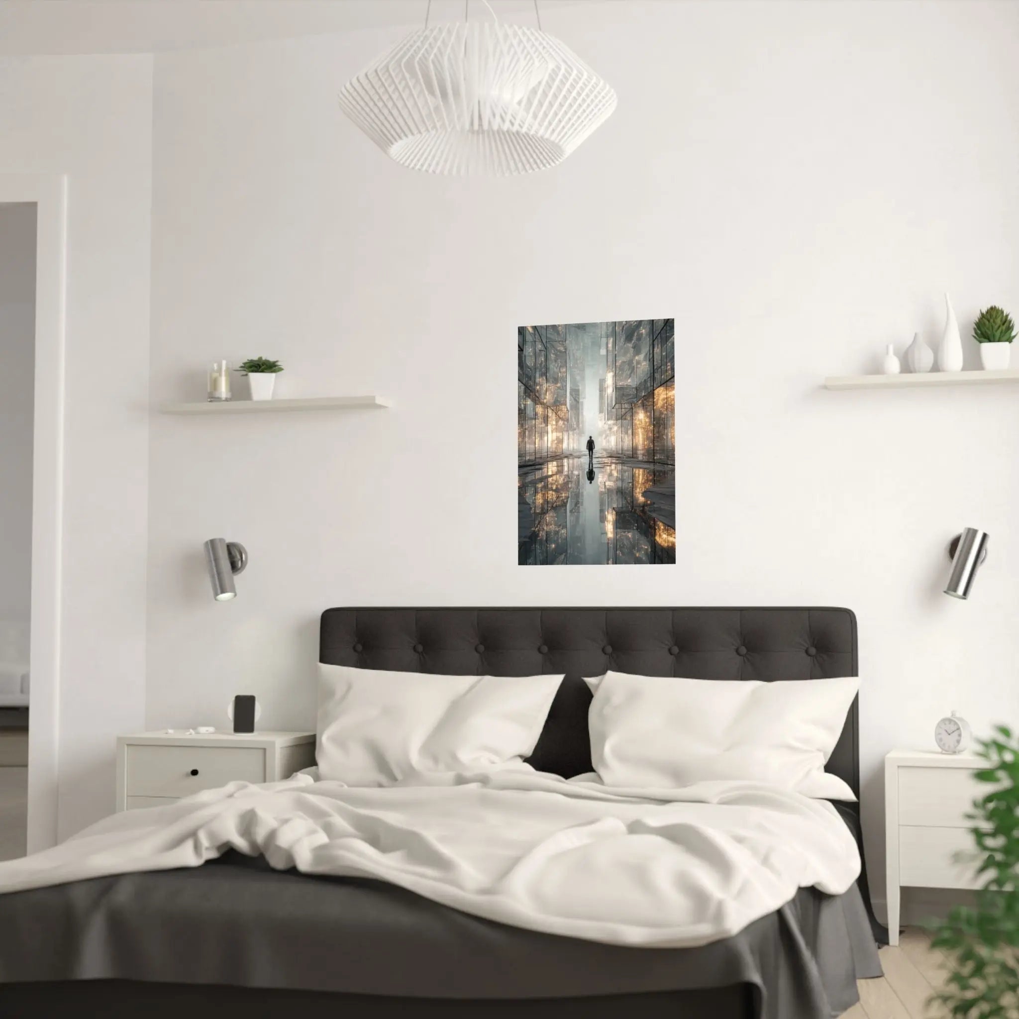 Futuristic Cityscape Satin Poster — Reflective Urban Night Art Print Printify