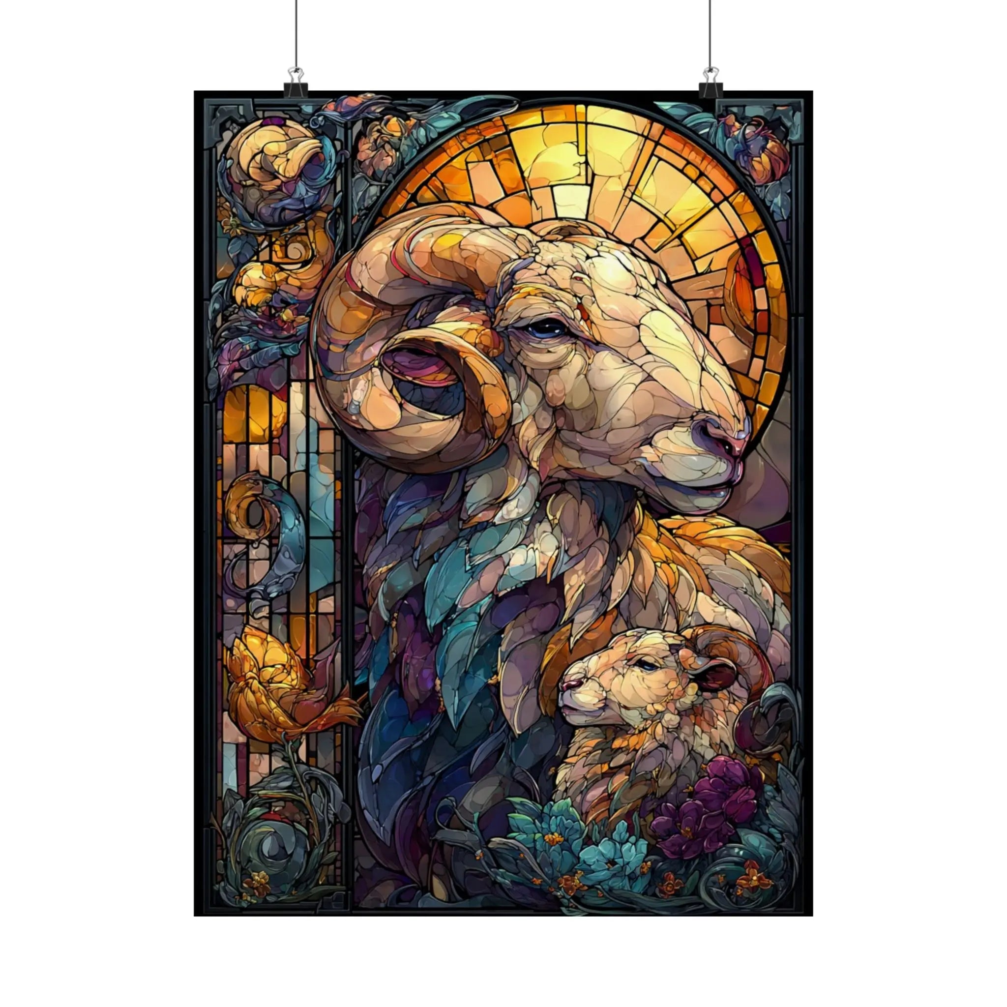 Stained Glass Ram Satin Poster — Zodiac Aries Art Print Printify