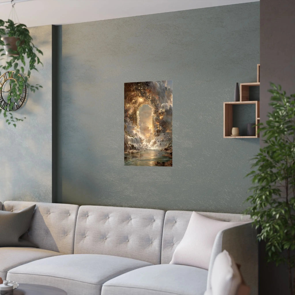 Heavenly Arch Satin Poster — Ethereal Golden Clouds & Waterfall Wall Art Printify