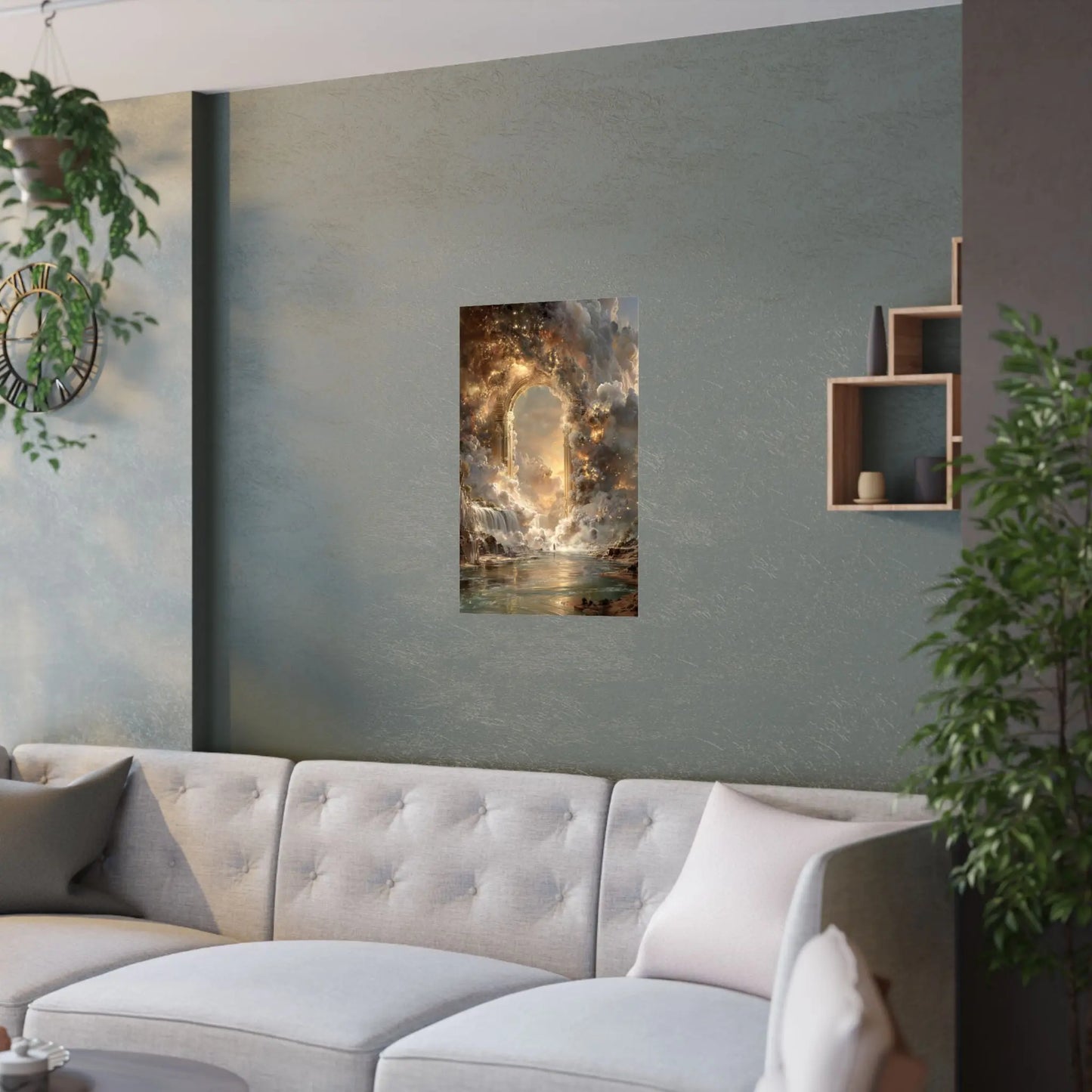 Heavenly Arch Satin Poster — Ethereal Golden Clouds & Waterfall Wall Art Printify