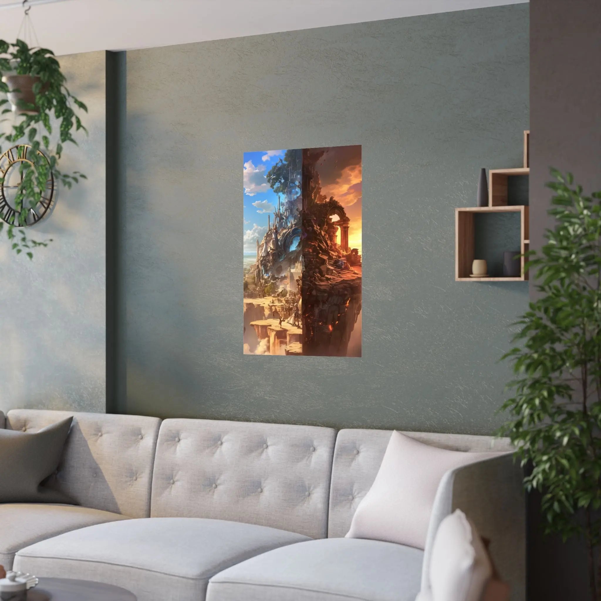 Fantasy Split-World Satin Poster (210gsm) — Day & Night Landscape Art Print Printify