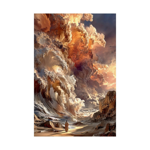 Epic Fantasy Cloudscape Satin Poster — Lone Wanderer in Fiery Sky (210gsm) Printify