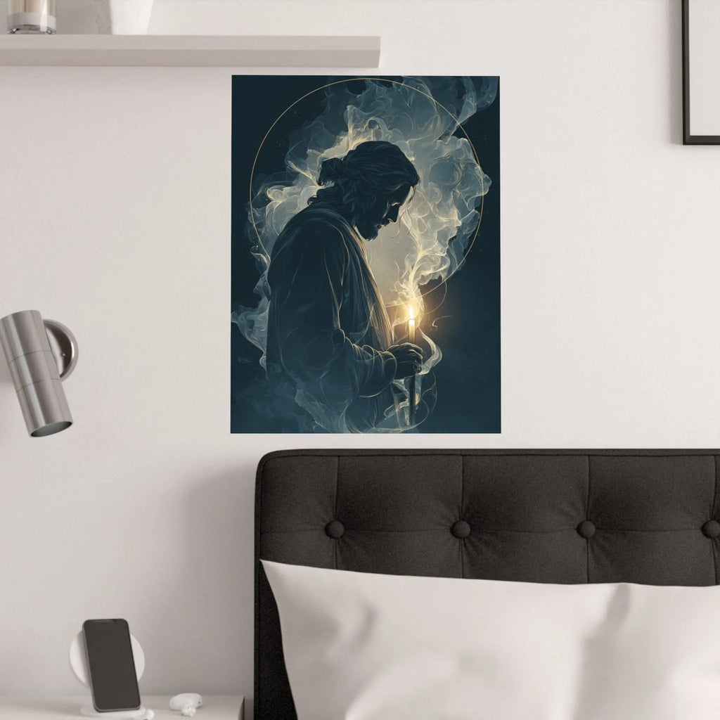 Jesus with Candle Satin Poster — Spiritual Religious Wall Art Printify