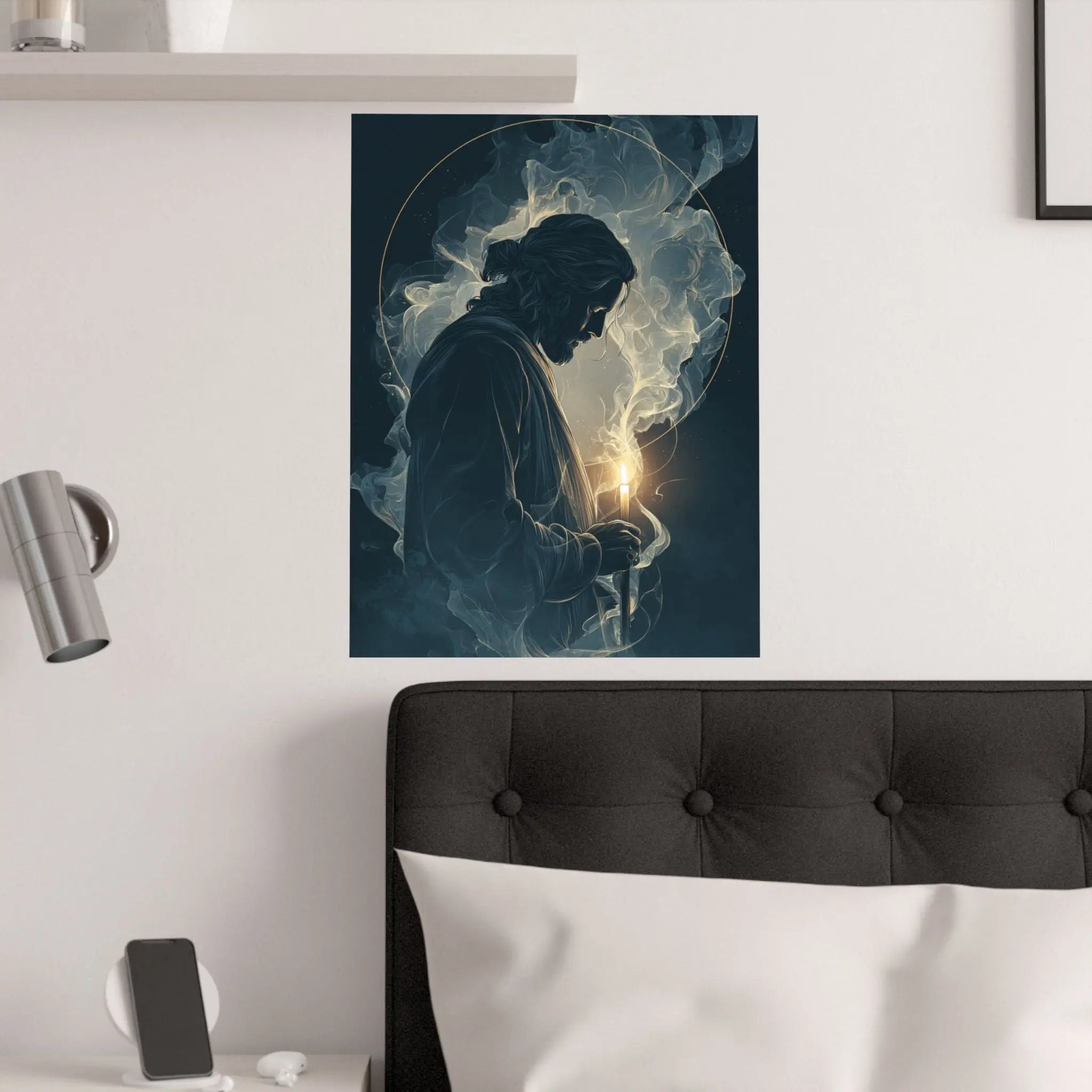 Jesus with Candle Satin Poster — Spiritual Religious Wall Art Printify