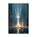 Satin Poster — Solitary Figure in Futuristic Cityscape (210gsm) Printify