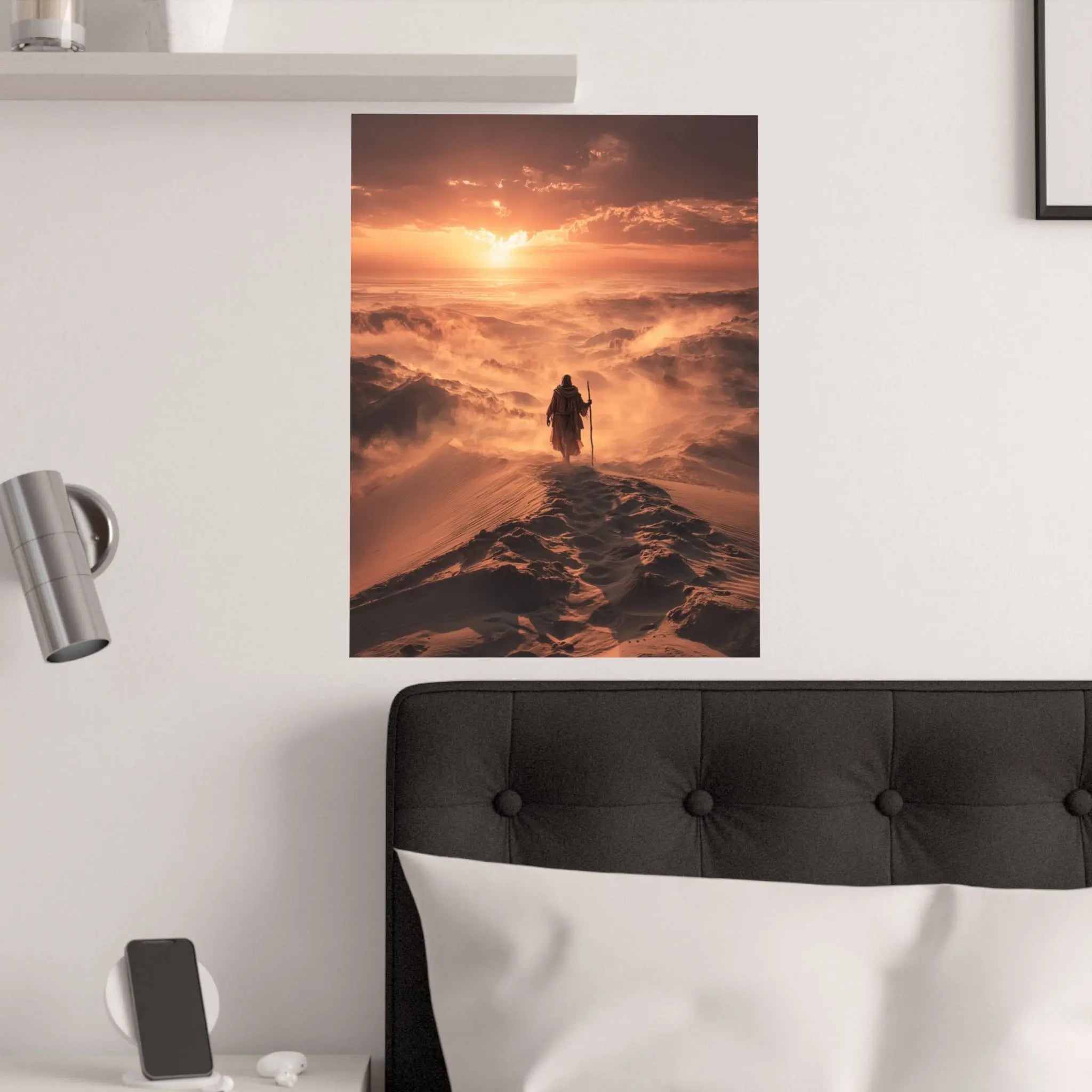 Desert Wanderer Satin Poster — Dramatic Sunset Silhouette Wall Art Printify