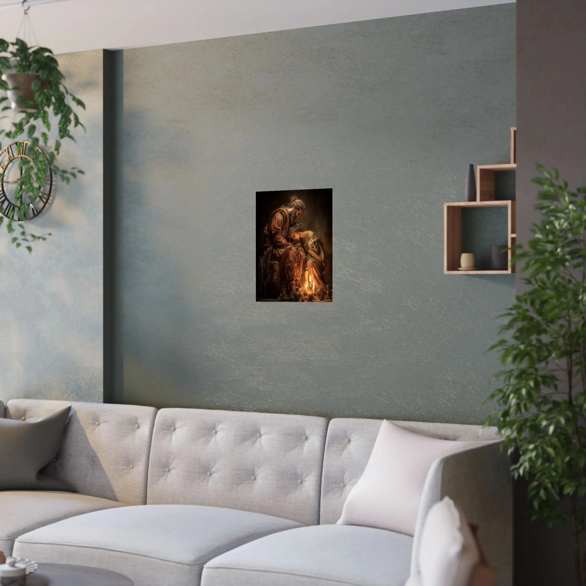 Satin Poster — Tender Candlelit Embrace Vintage Biblical Art Print Printify