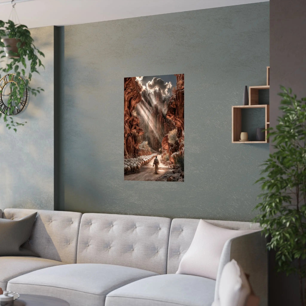 Satin Poster — Shepherd in Sunlit Canyon Art Print Printify