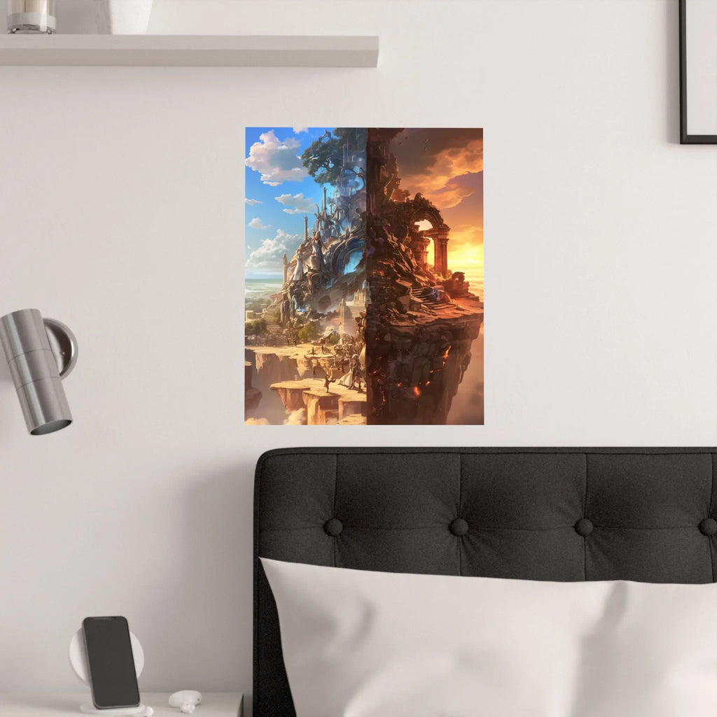 Fantasy Split-World Satin Poster (210gsm) — Day & Night Landscape Art Print Printify
