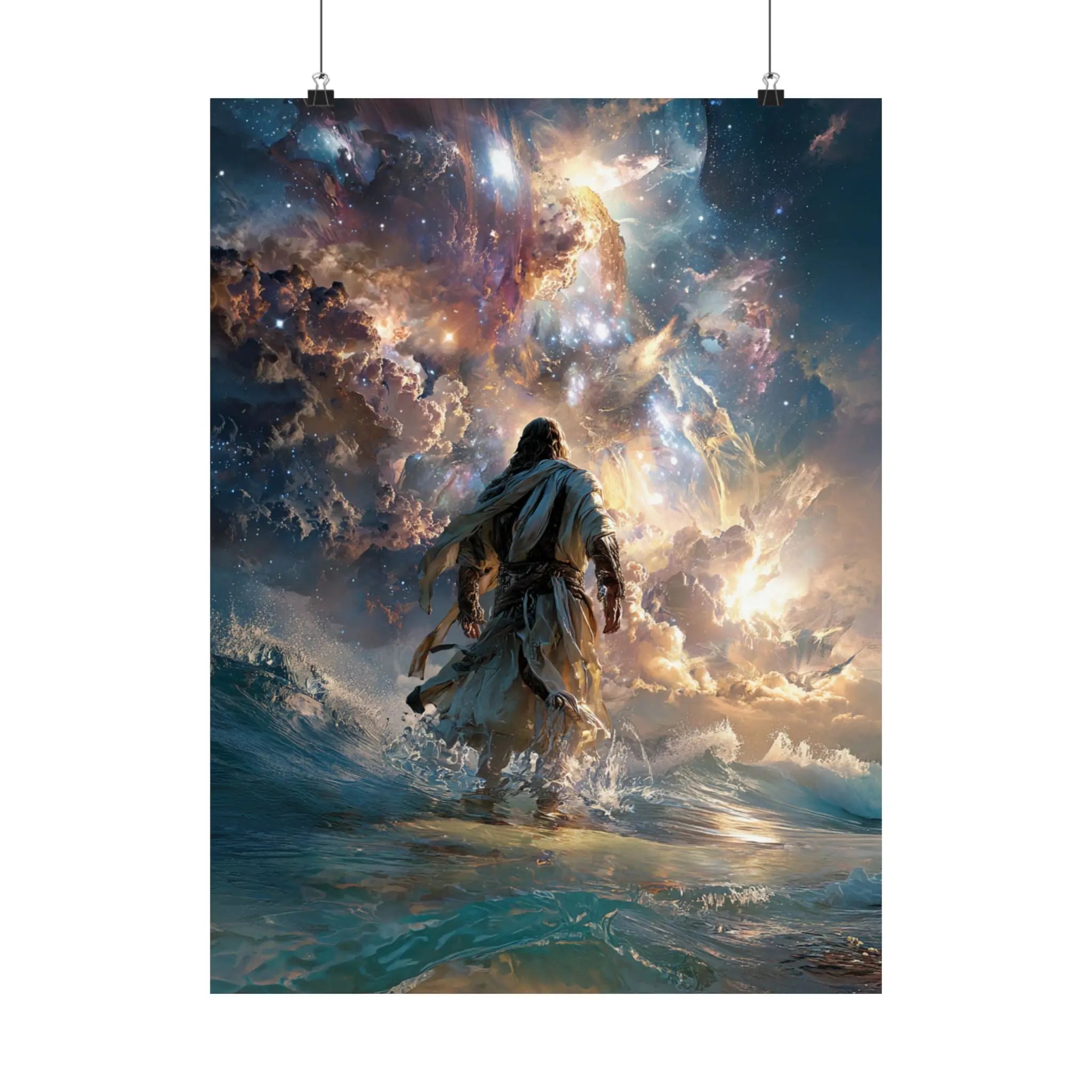 Religious Satin Poster — 'Walking on Water' Inspirational Wall Art Printify