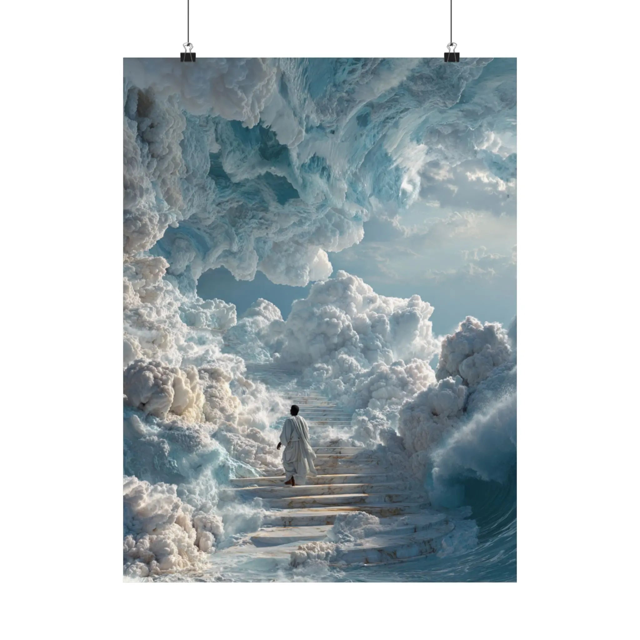 Heavenly Stairway Satin Poster — Ethereal Cloudscape Wall Art Printify