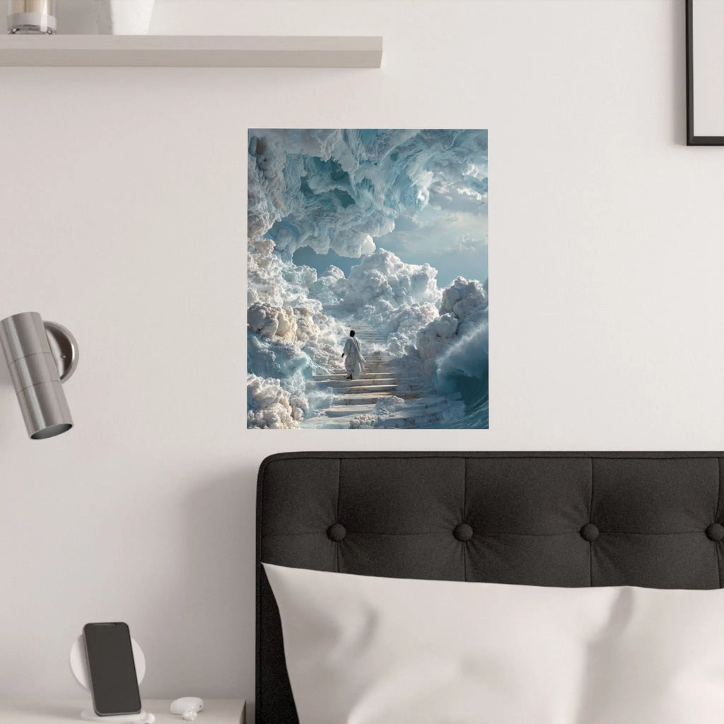 Heavenly Stairway Satin Poster — Ethereal Cloudscape Wall Art Printify