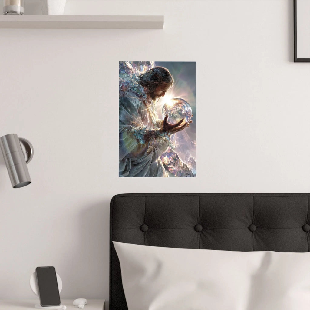 Jesus Holding the World Satin Poster — Spiritual Christian Wall Art Printify