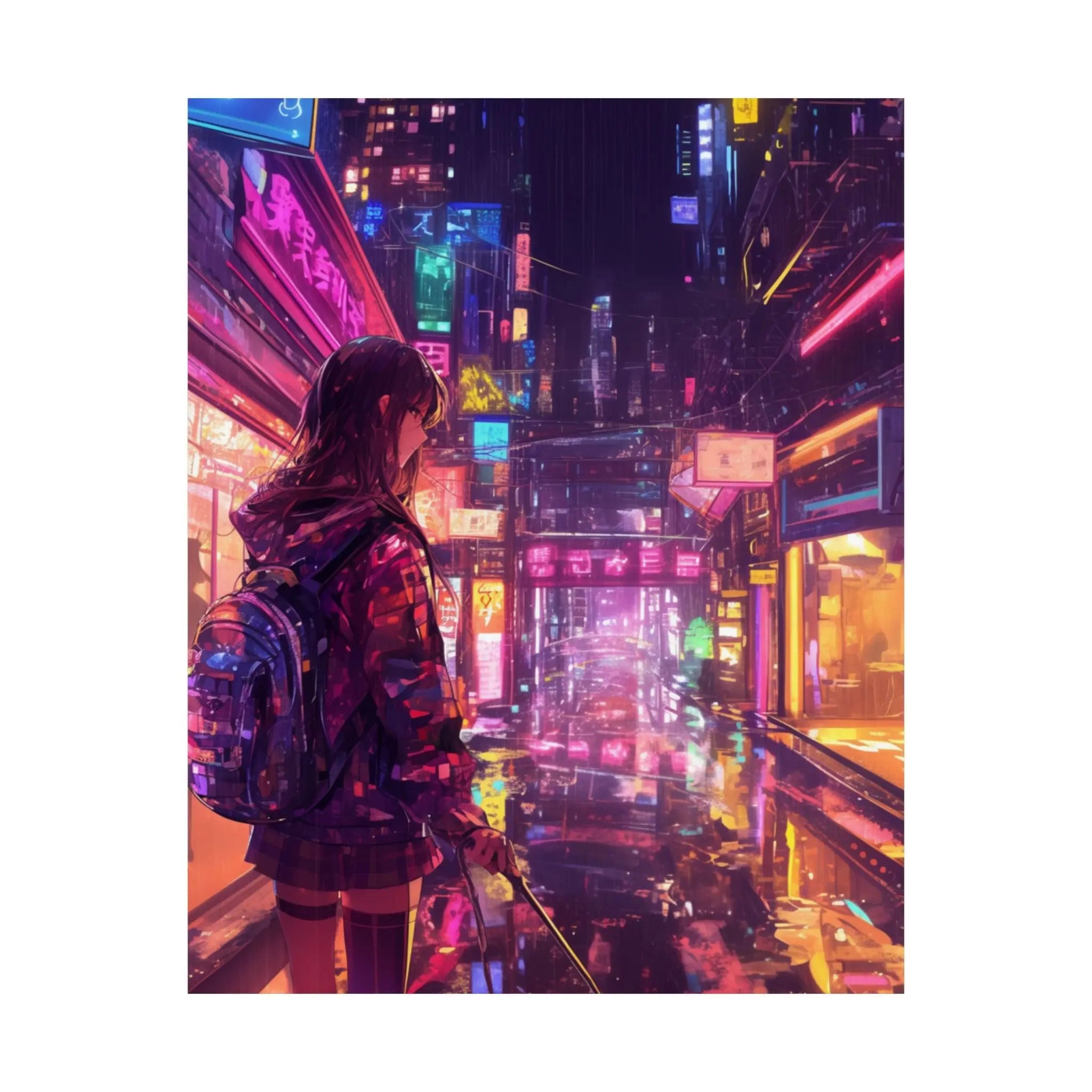 Satin Poster — Neon Cyber City Girl (210gsm) Printify