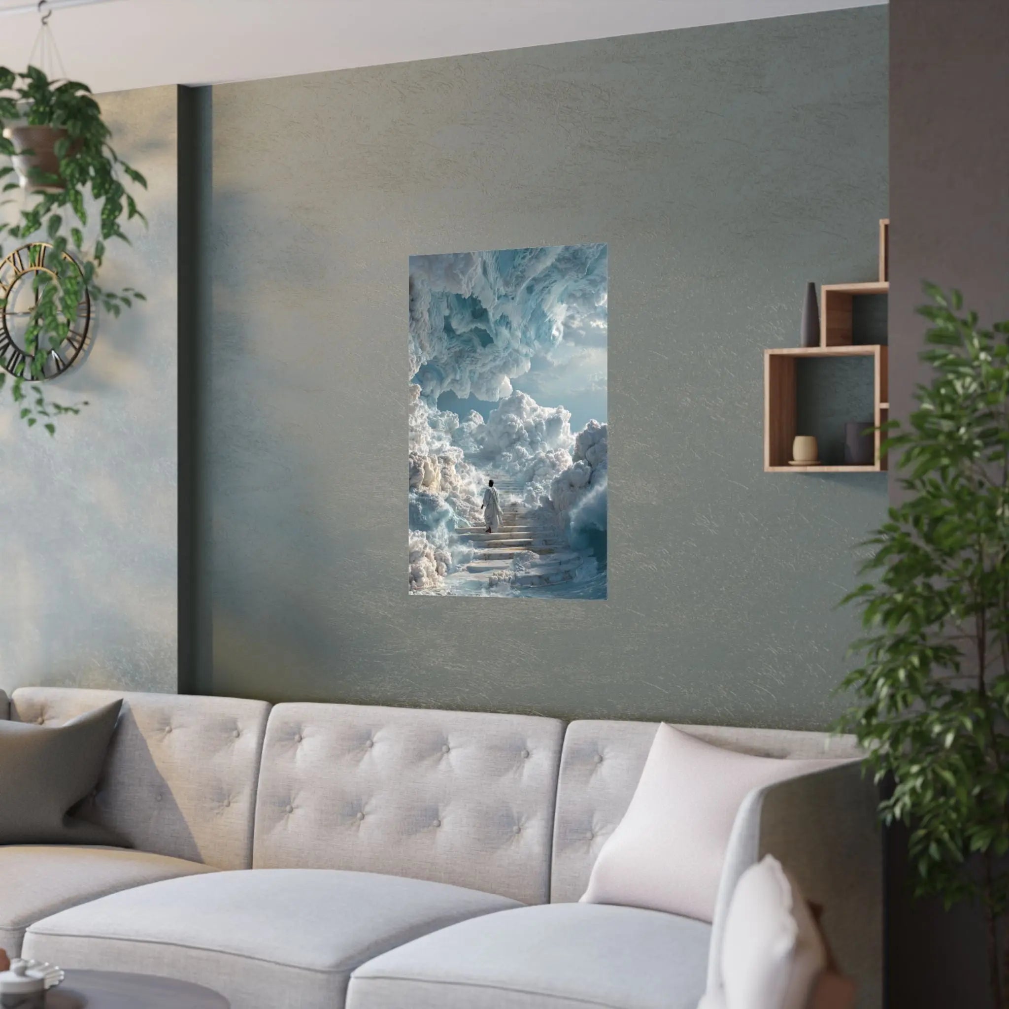 Heavenly Stairway Satin Poster — Ethereal Cloudscape Wall Art Printify