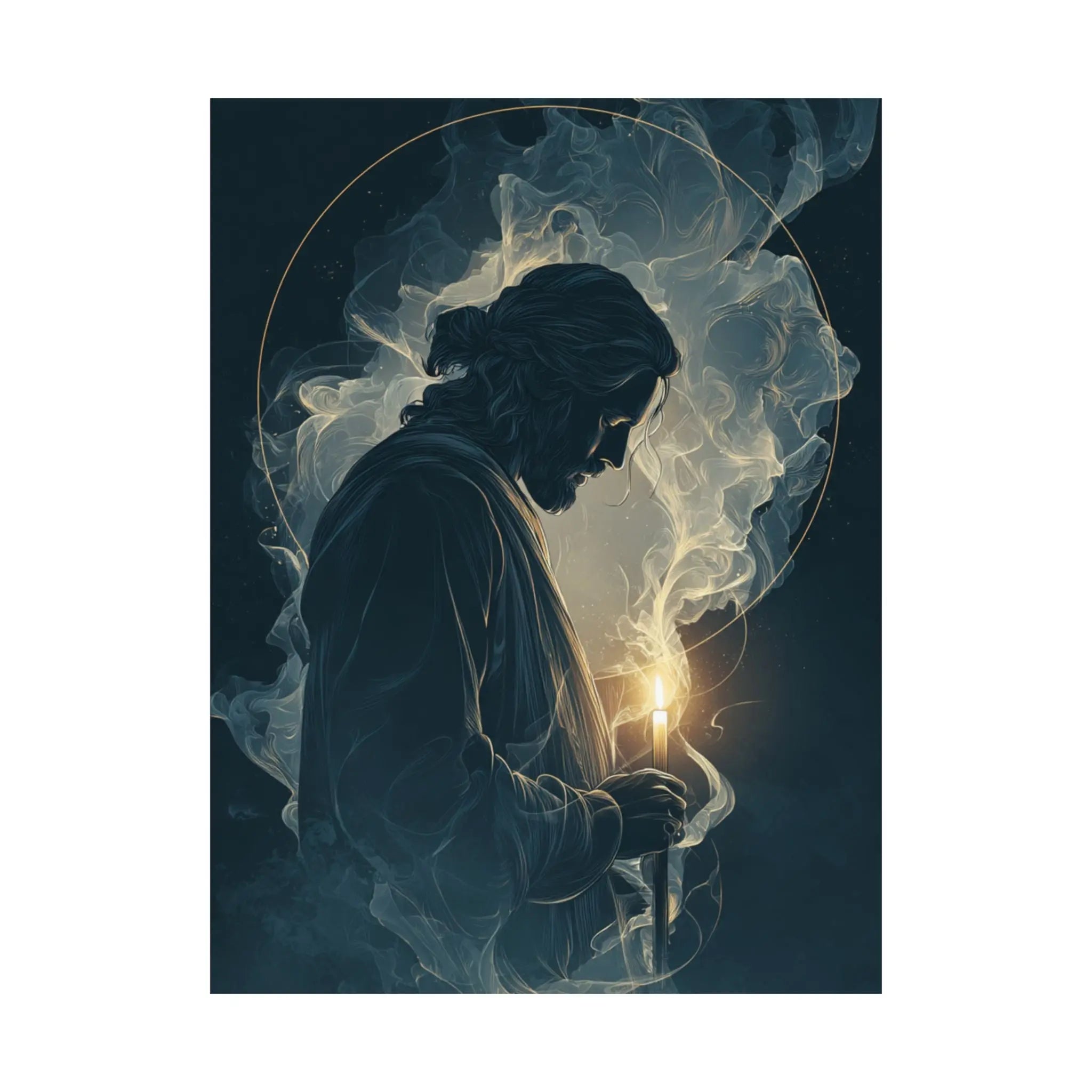Jesus with Candle Satin Poster — Spiritual Religious Wall Art Printify