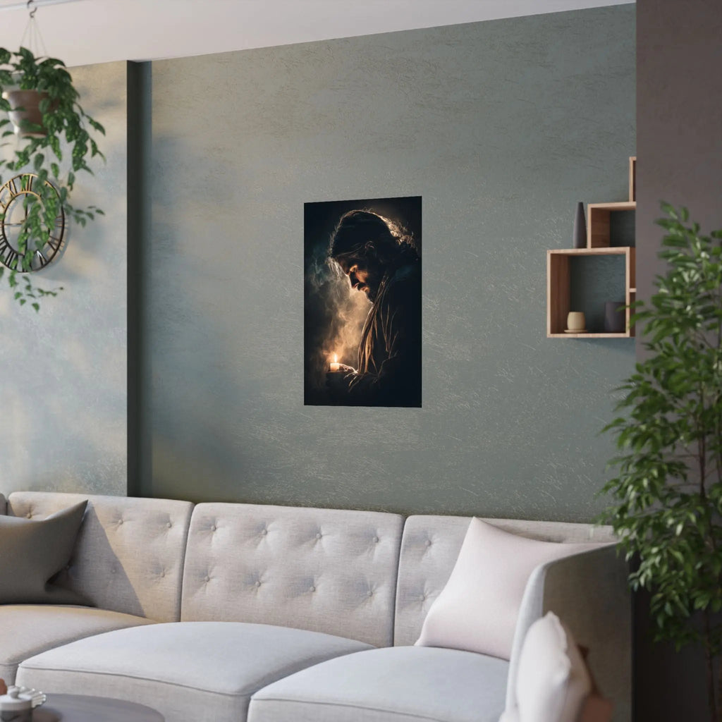 Religious Satin Poster — Jesus Holding Candle Wall Art Printify