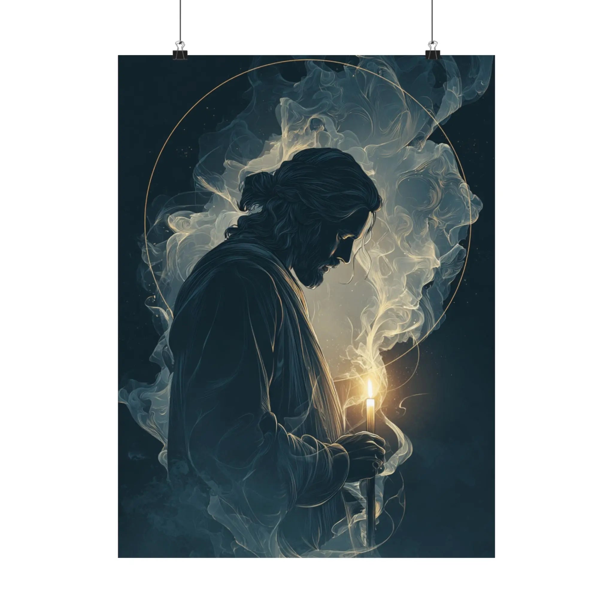 Jesus with Candle Satin Poster — Spiritual Religious Wall Art Printify