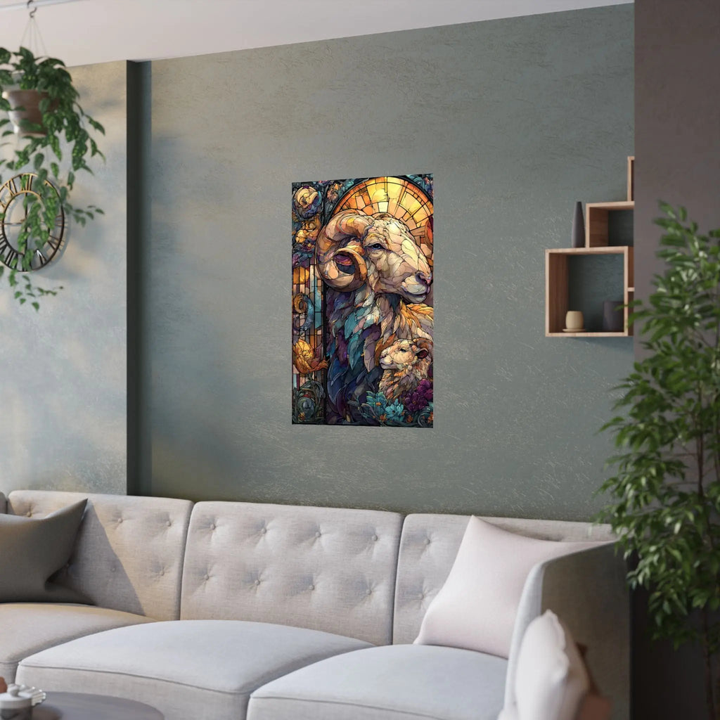Stained Glass Ram Satin Poster — Zodiac Aries Art Print Printify