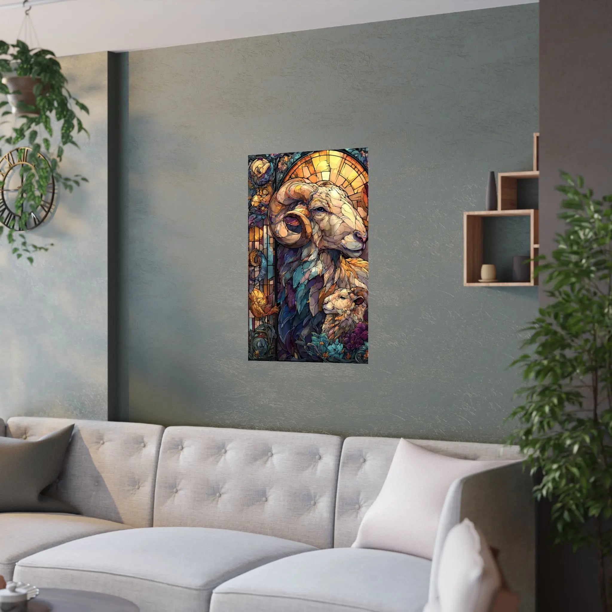 Stained Glass Ram Satin Poster — Zodiac Aries Art Print Printify