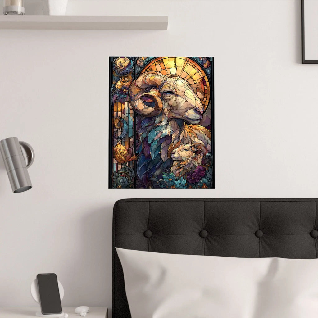 Stained Glass Ram Satin Poster — Zodiac Aries Art Print Printify