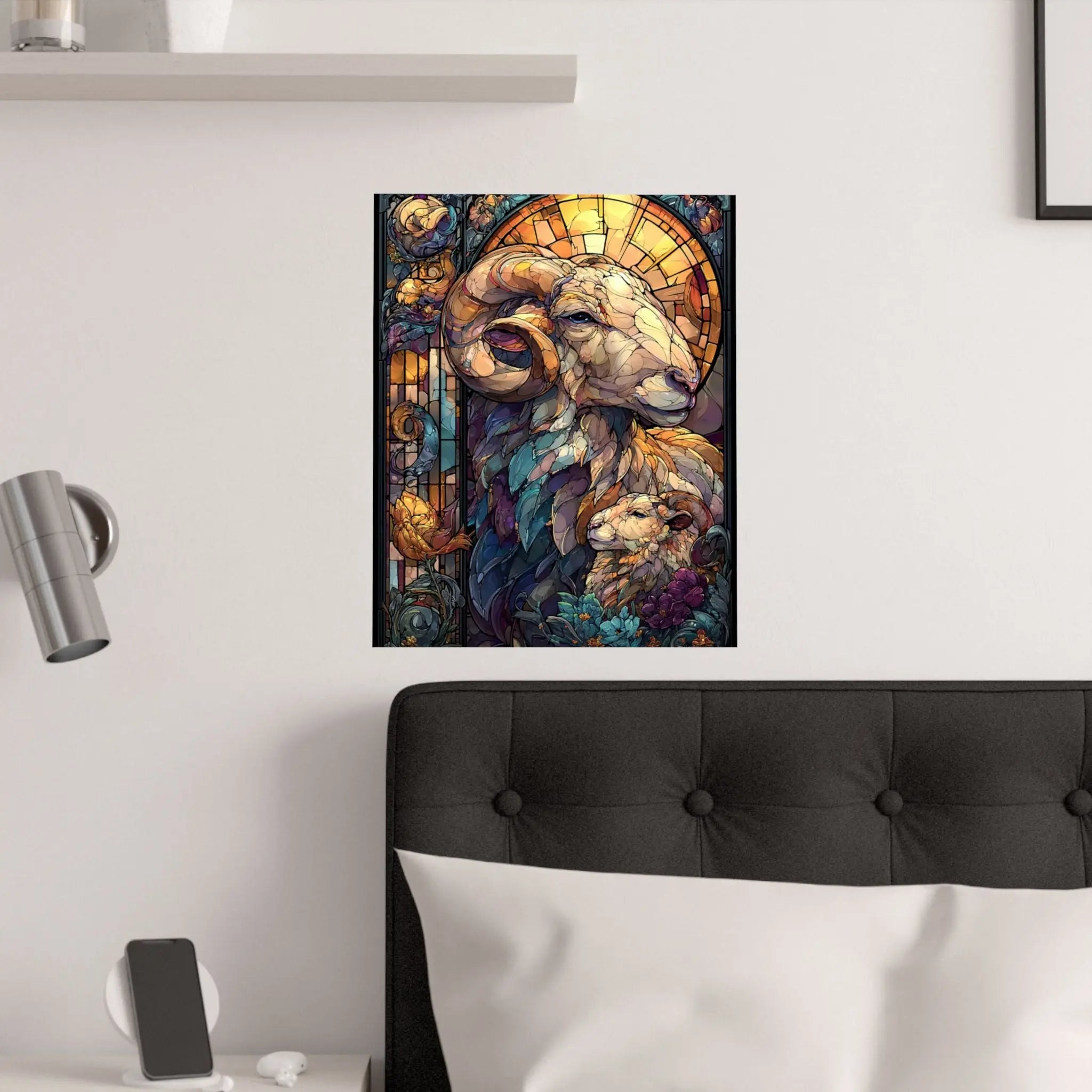 Stained Glass Ram Satin Poster — Zodiac Aries Art Print Printify