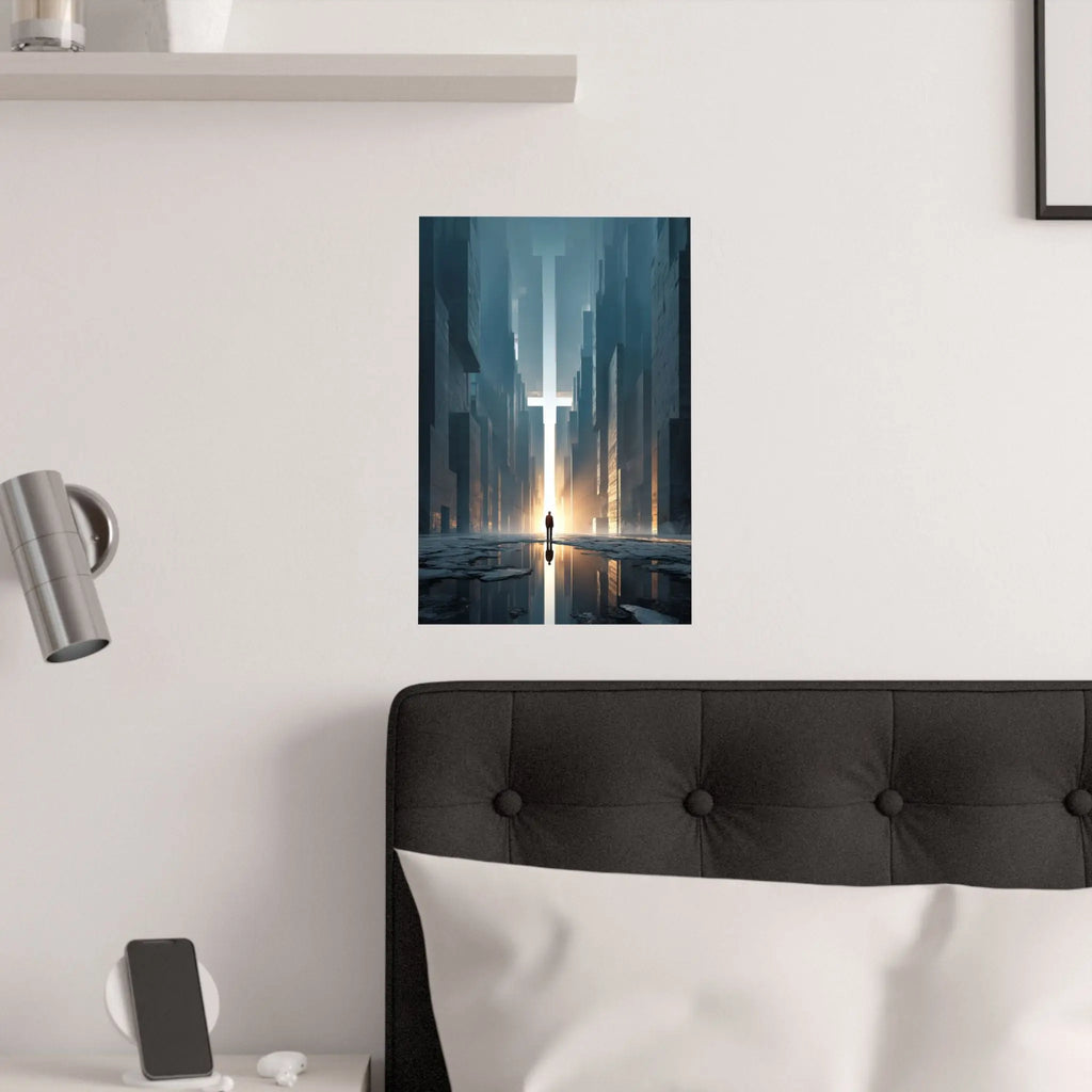 Satin Poster — Solitary Figure in Futuristic Cityscape (210gsm) Printify