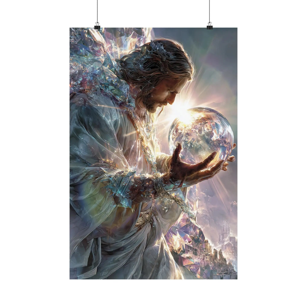 Jesus Holding the World Satin Poster — Spiritual Christian Wall Art Printify