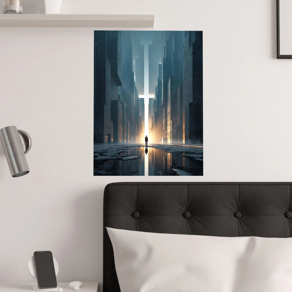Satin Poster — Solitary Figure in Futuristic Cityscape (210gsm) Printify
