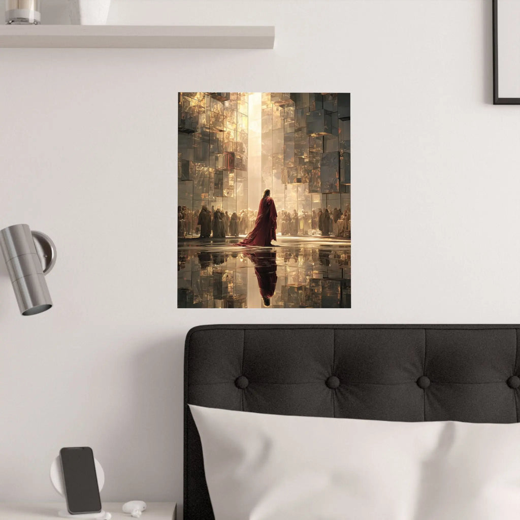 Satin Poster — Jesus in Regal Red Cloak in Golden Reflective Cityscape Printify