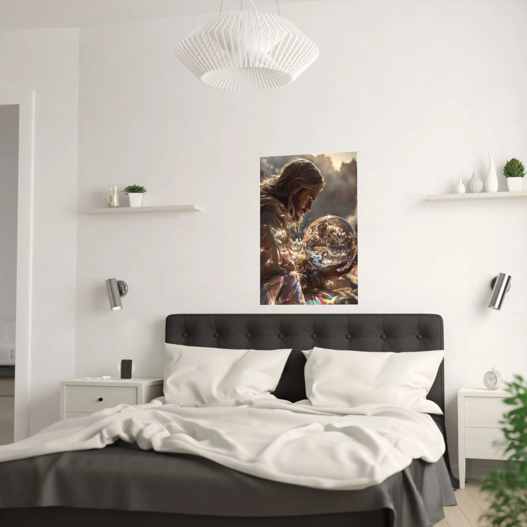 Satin Poster — Mystic Jesus Holding Crystal Orb Art Print Printify