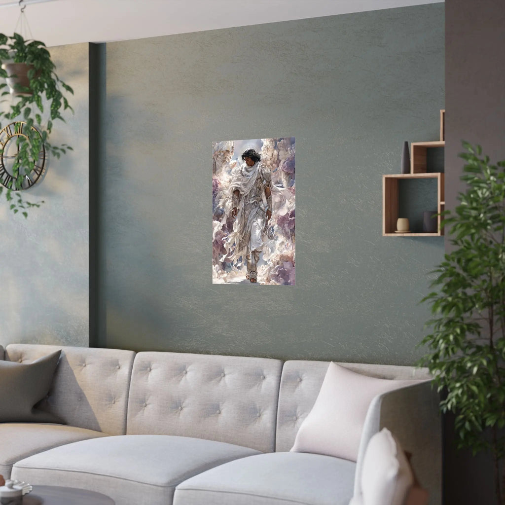 Angelic Figure Satin Poster — Ethereal Cloudscape Wall Art (210gsm) Printify