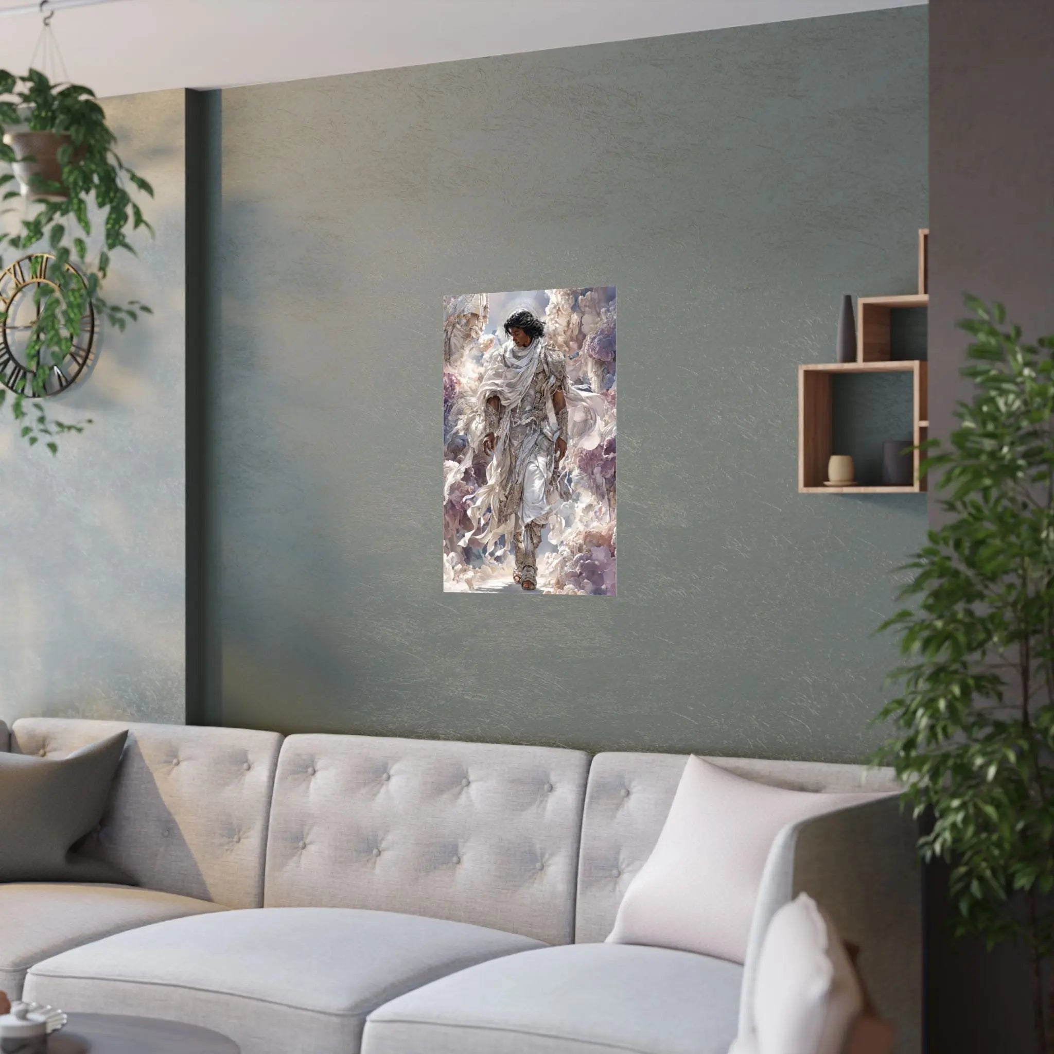 Angelic Figure Satin Poster — Ethereal Cloudscape Wall Art (210gsm) Printify