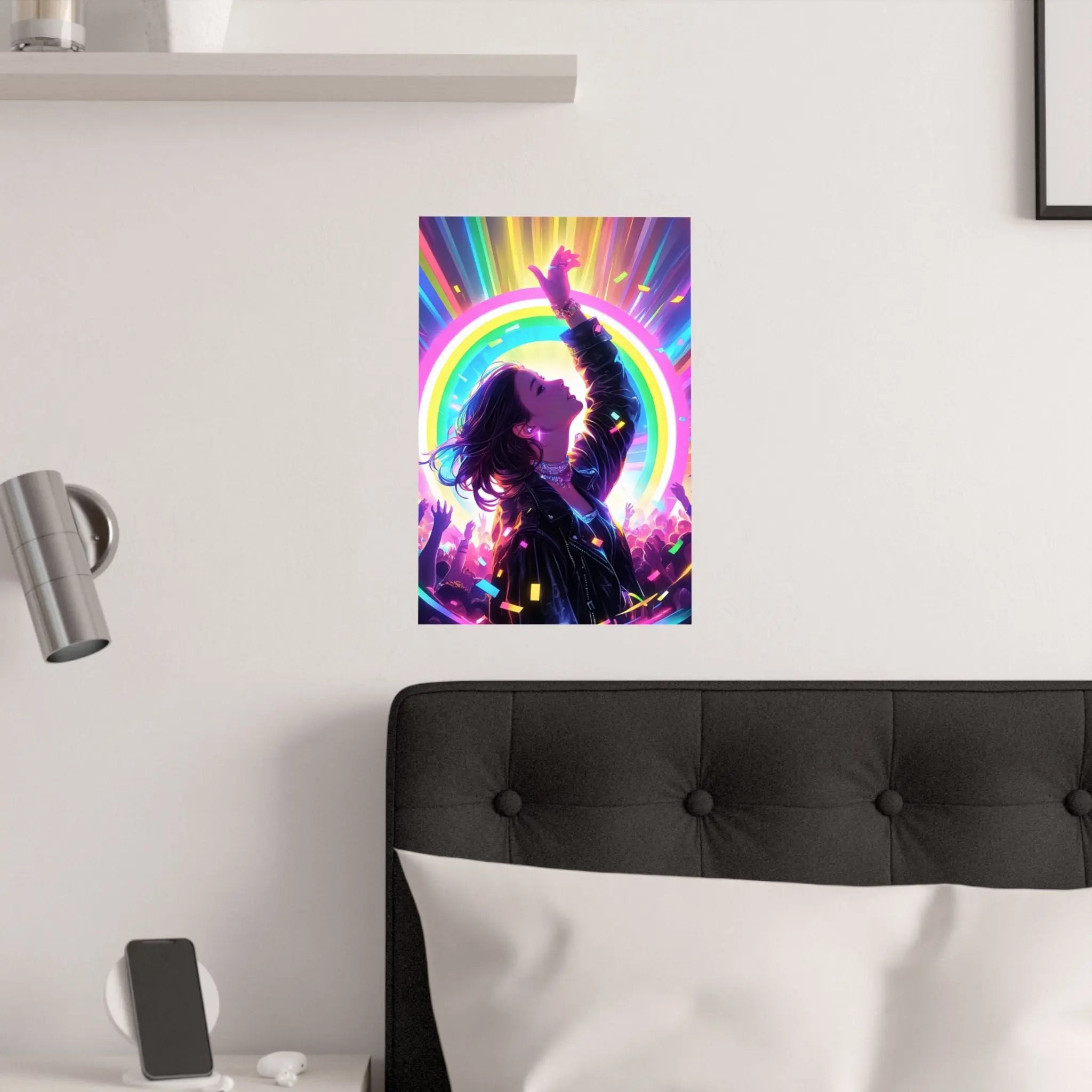 Satin Poster — Neon Concert Girl Rainbow Art Print Printify