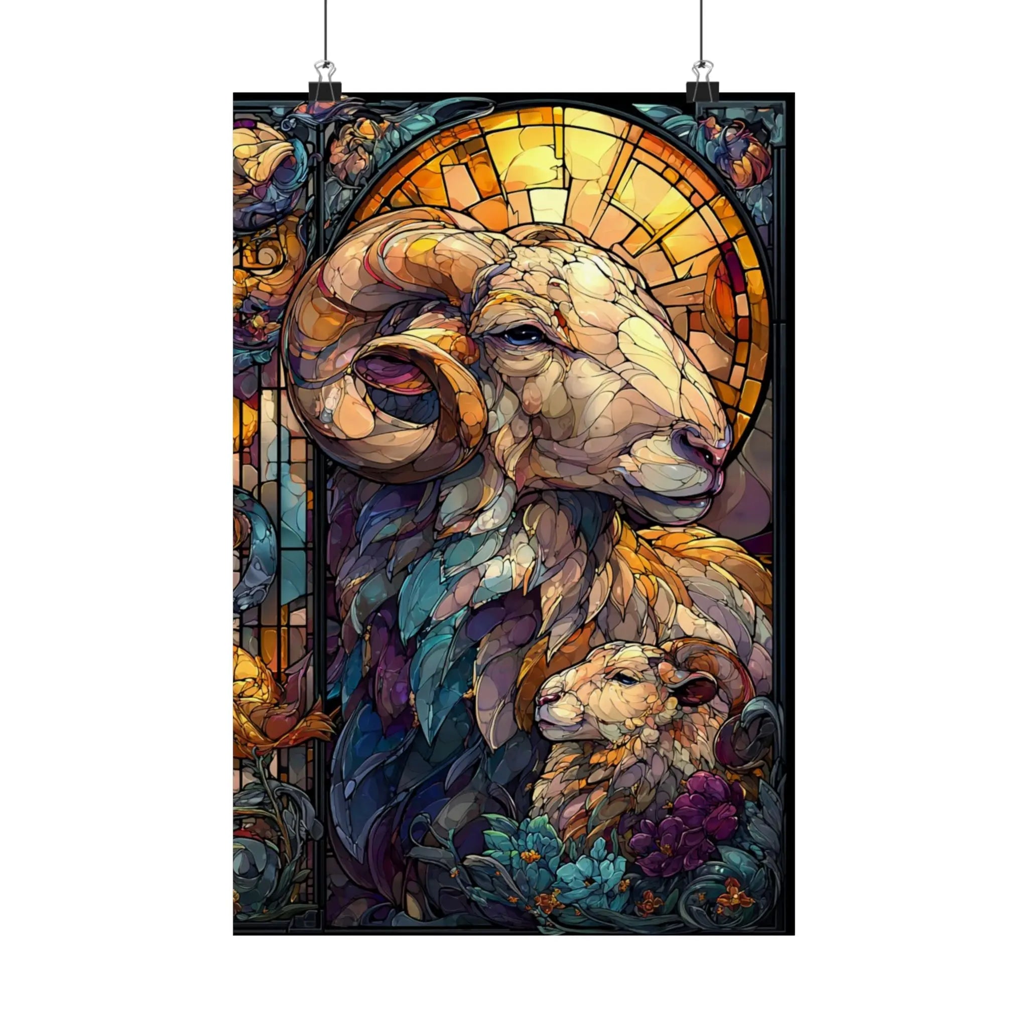Stained Glass Ram Satin Poster — Zodiac Aries Art Print Printify