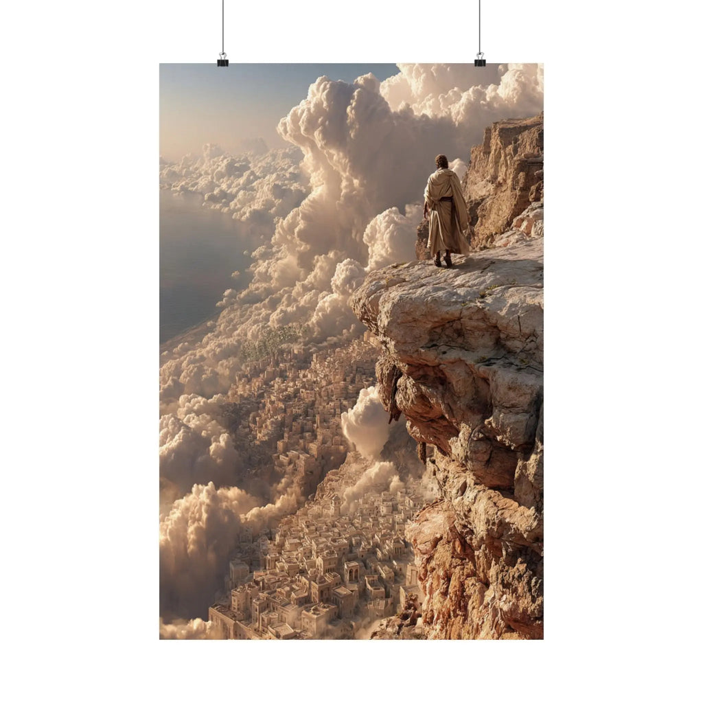 Satin Poster — Solitary Figure on Cliff Above Golden Clouds (210gsm) Printify