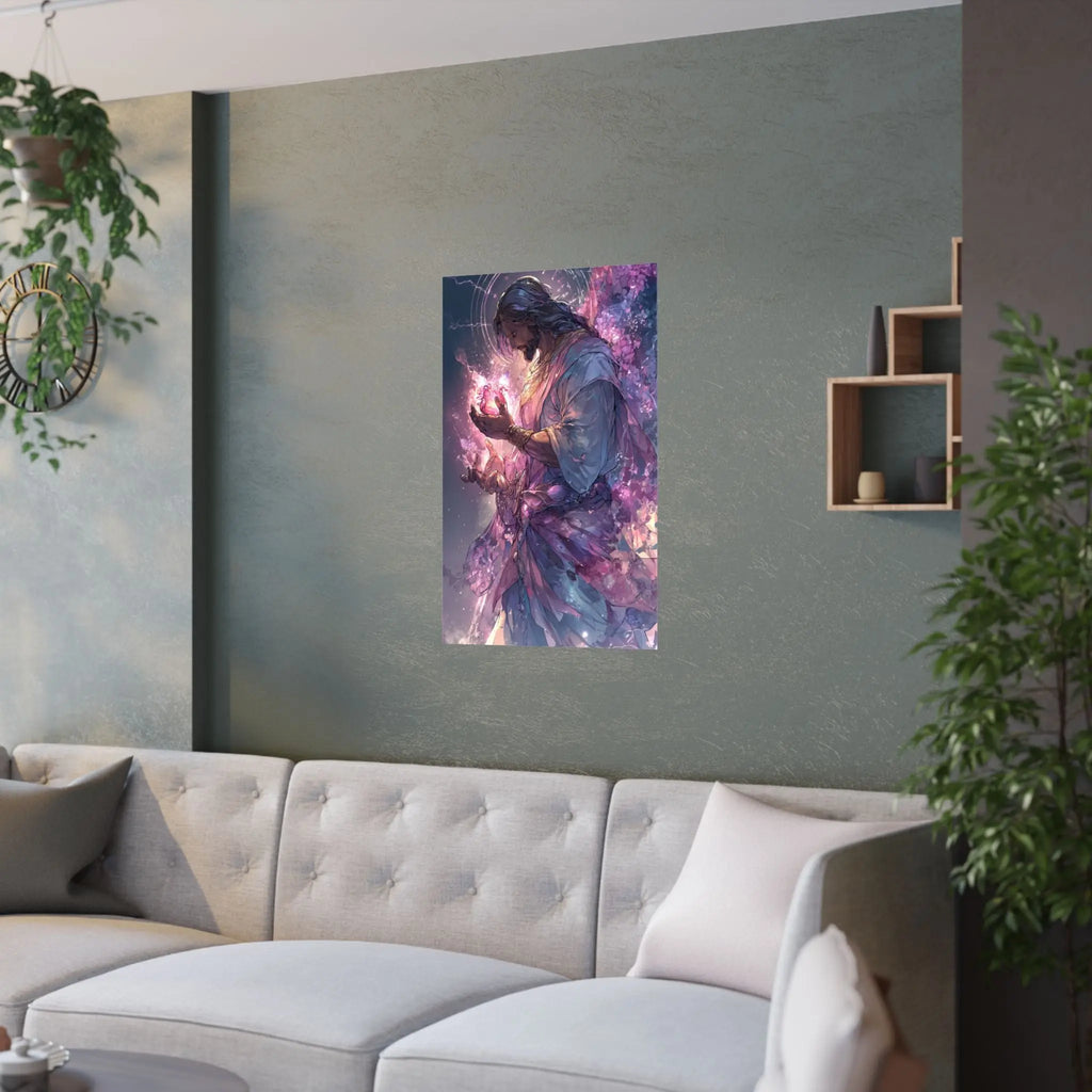 Satin Poster — Radiant Christ Holding Heart Illustration (210gsm) Printify