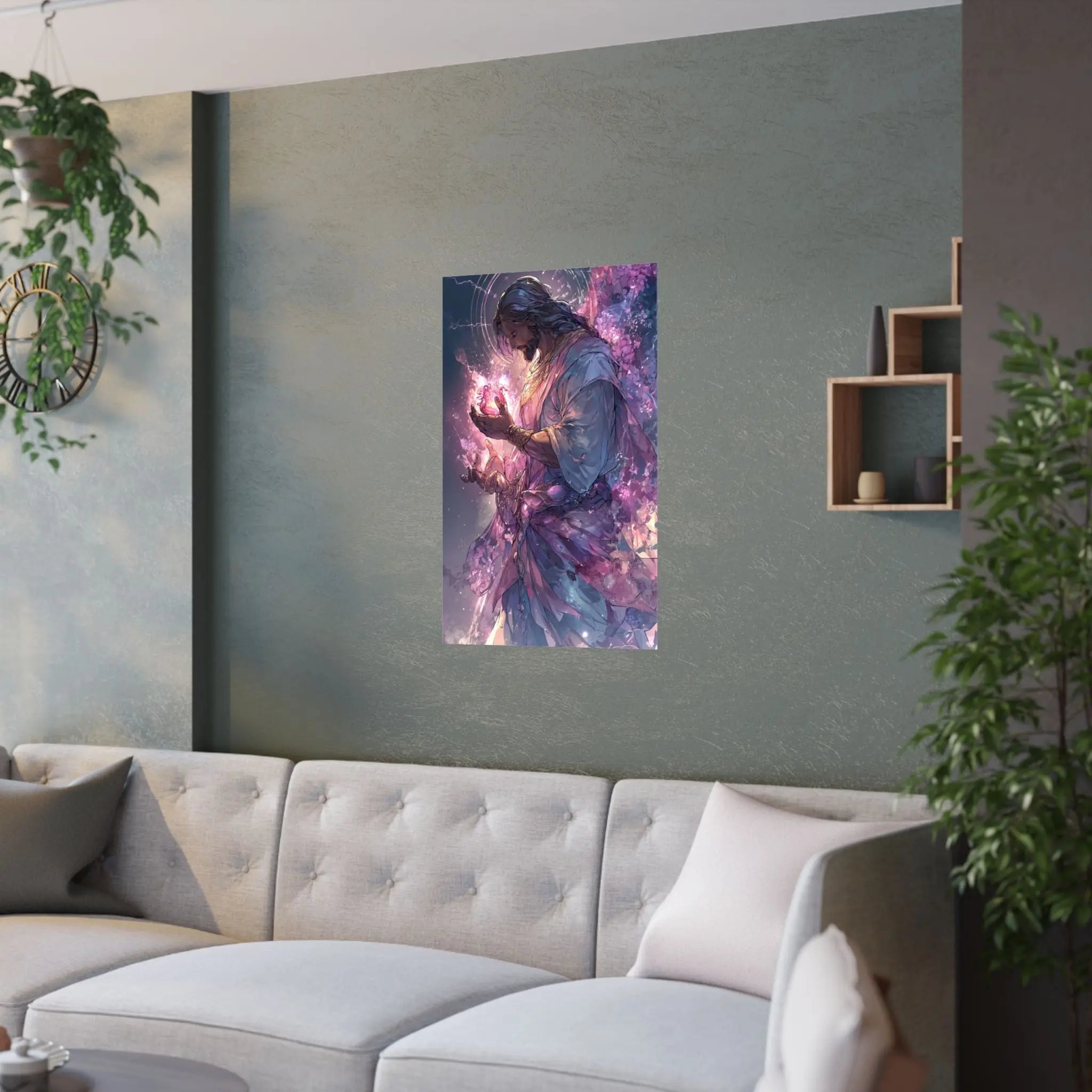 Satin Poster — Radiant Christ Holding Heart Illustration (210gsm) Printify